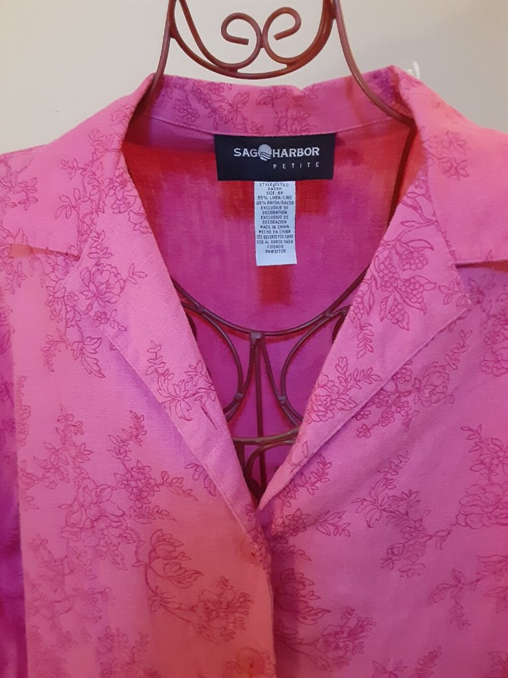 Sag Harbor SZ 6P Pink Floral Embroidered sequin Button up blouse Petite - Picture 5 of 12